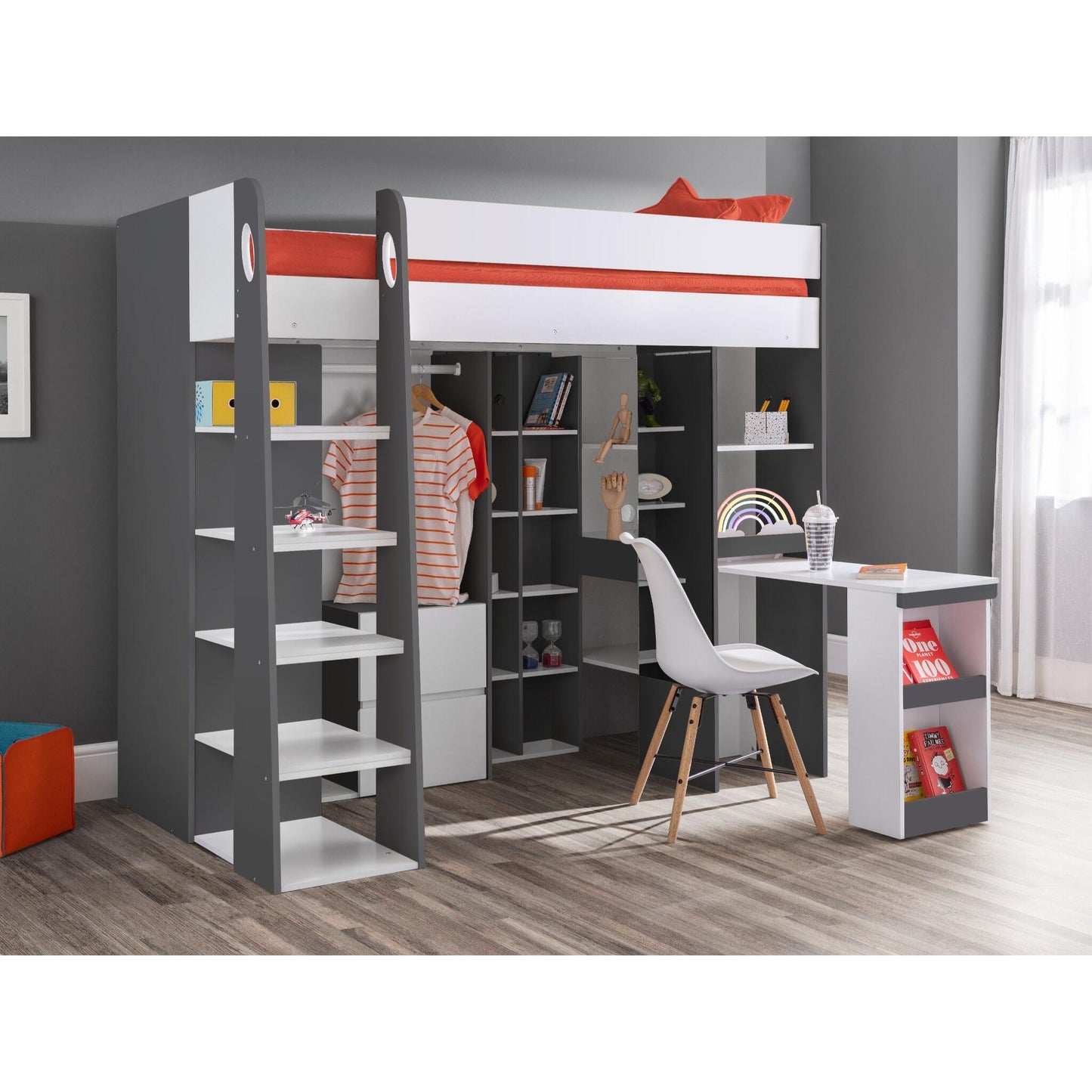 Aurora High Sleeper Bed in Charcoal & White