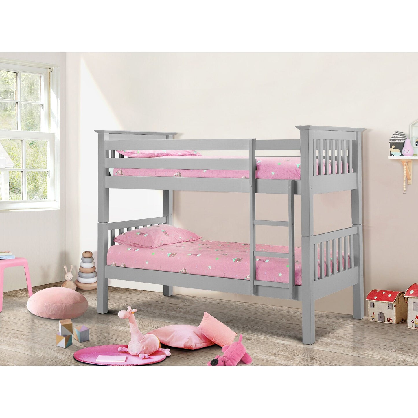 Barcelona Bunk Bed in dove grey shown in a wider bedroom setting