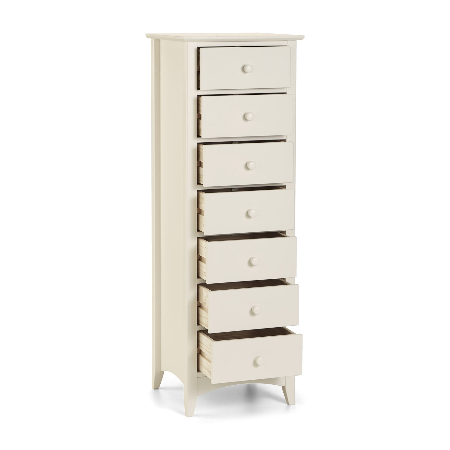 Cameo 7 Drawer Narrow Chest in Stone White, with the drawers open.