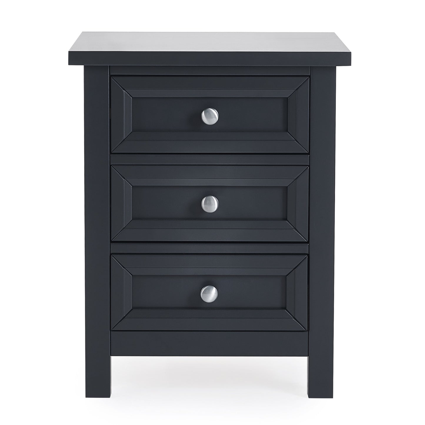 Bedside cabinet with 3 equal drawers, anthracite finish with silver metal handles. Part of the Maine bedroom range.