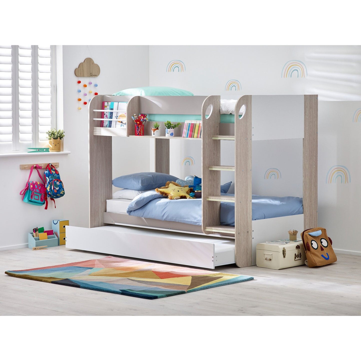Wider bedroom view of Mars Bunk Bed with Underbed in light woodgrain