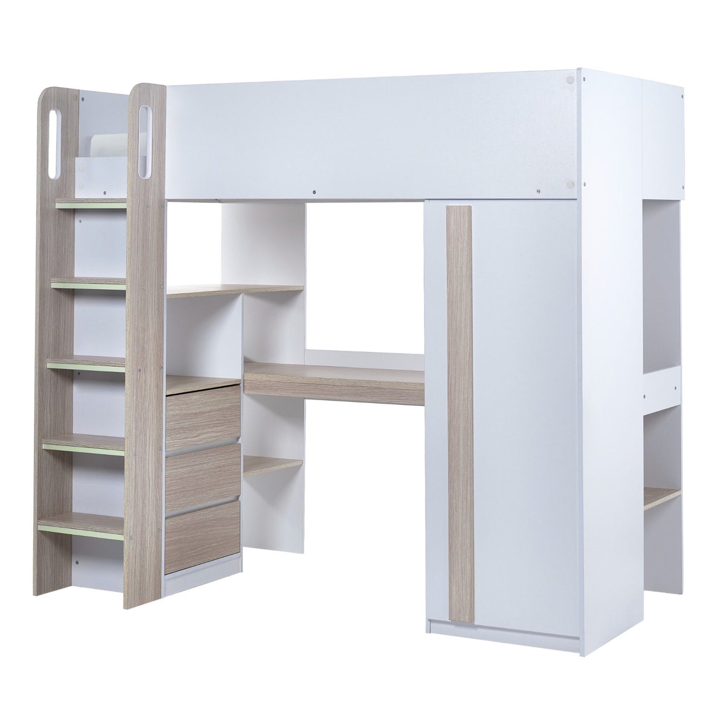 Front view of the Ocean High Sleeper Bed in white and pale wood