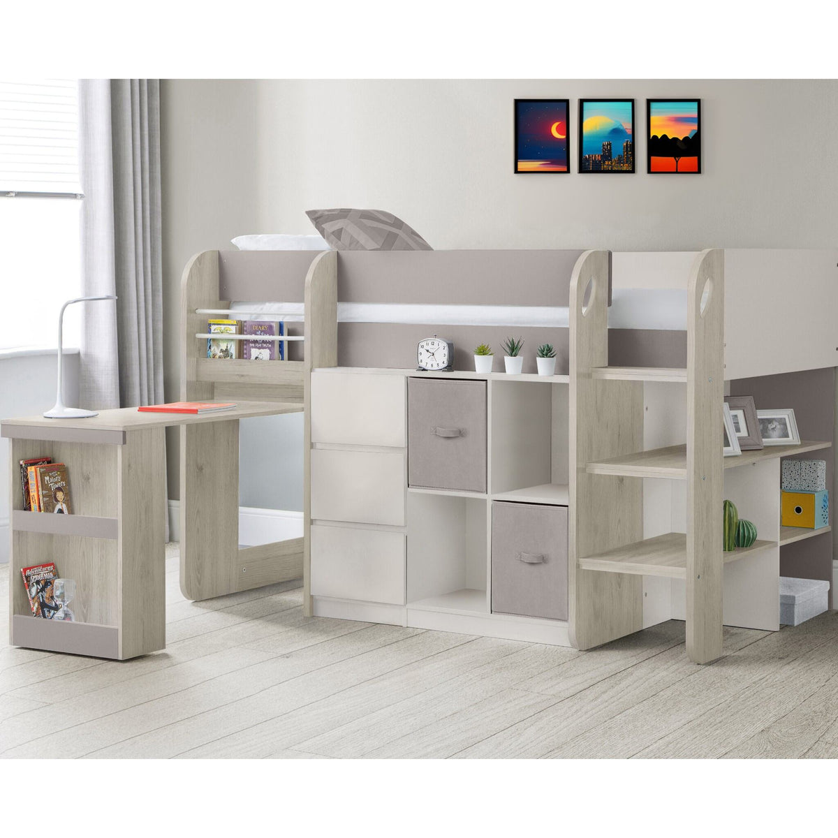 Saturn Mid Sleeper Bed in pale wood with pull-out desk extended in a child's bedroom