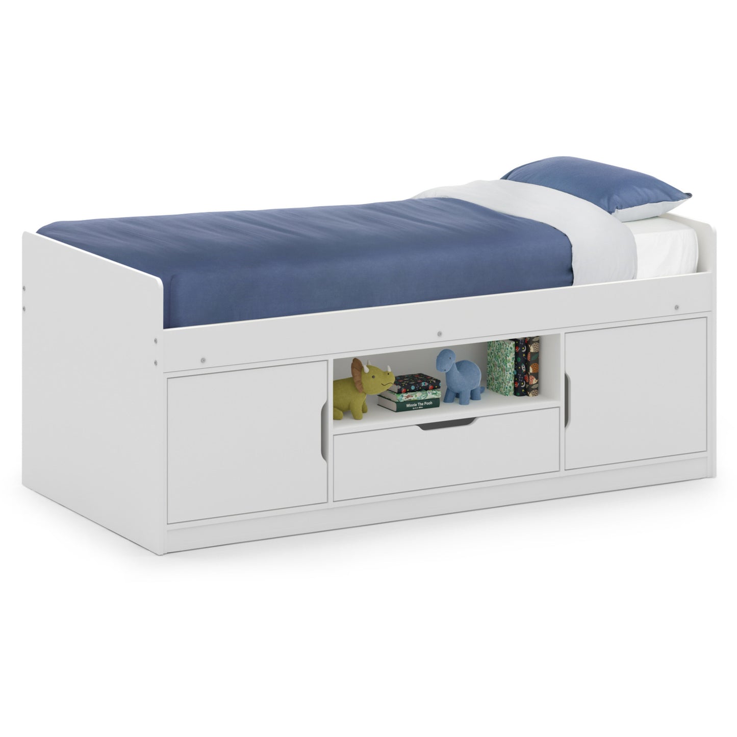 White bed with blue bedding and storage compartments on a white background