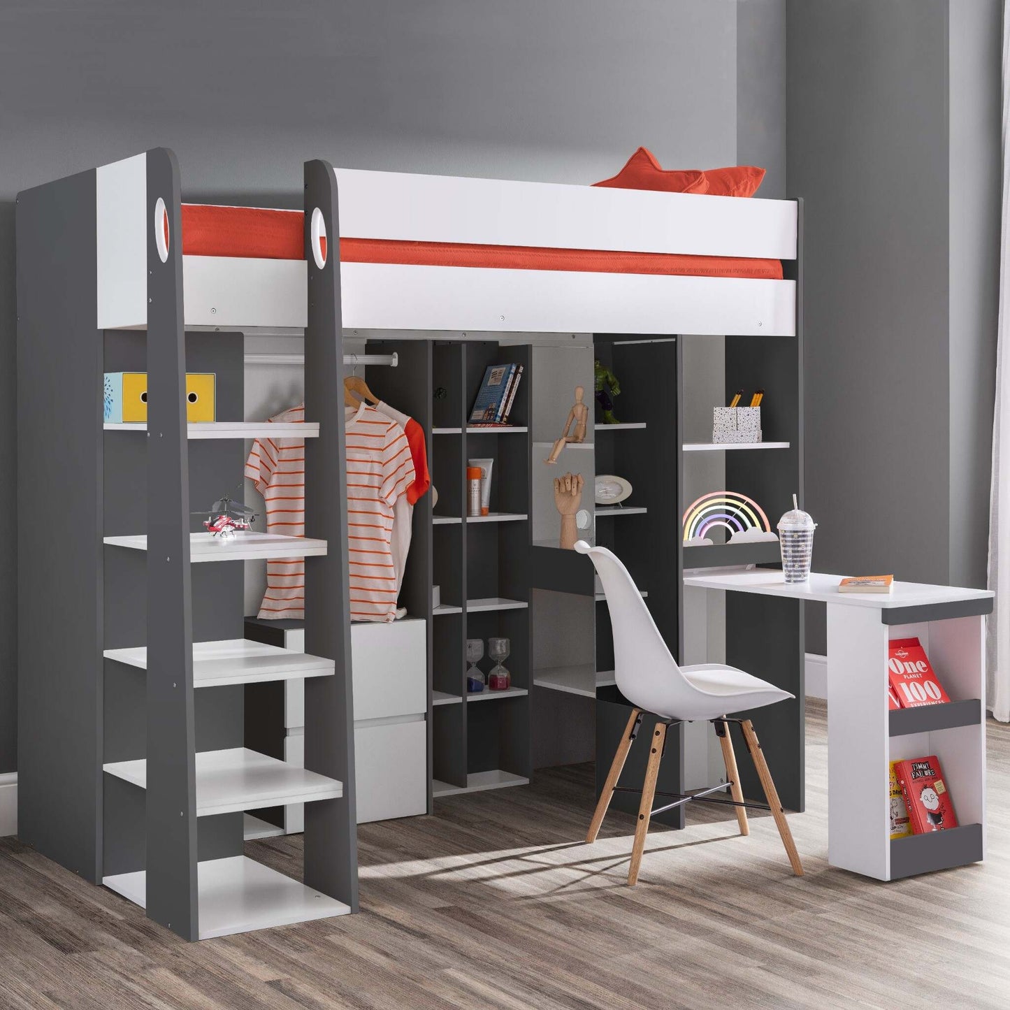 Aurora High Sleeper Bed in a charcoal and white finish in a bedroom setting