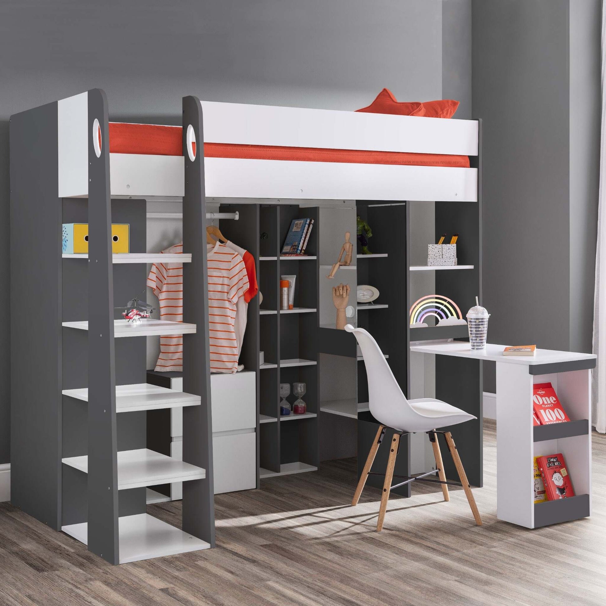 Aurora High Sleeper Bed in a charcoal and white finish in a bedroom setting