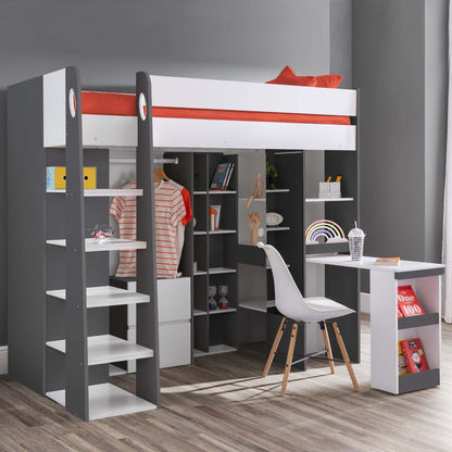 Aurora High Sleeper Bed in a charcoal and white finish in a bedroom setting
