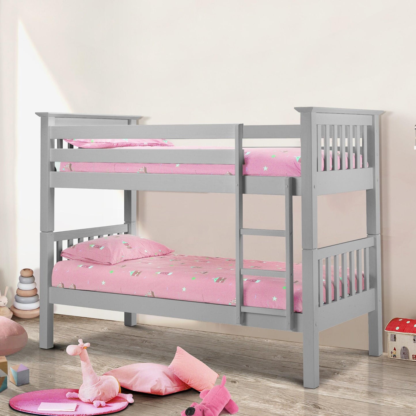Barcelona Bunk Bed in dove grey styled in a child's bedroom setting