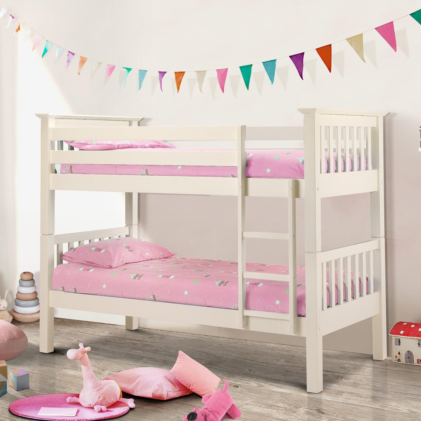 Barcelona Bunk Bed in stone white styled in a child's bedroom setting