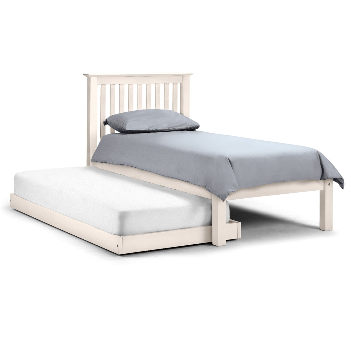 Front angled view of Barcelona Hideaway Bed & Trundle in stone white with trundle extended