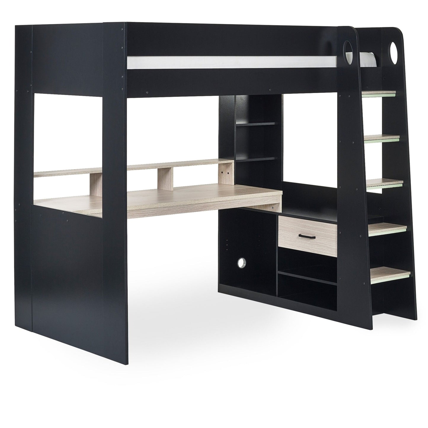 Front angled view of Blaze High Sleeper Gaming Bed in black and pale wood