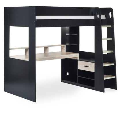 Front angled view of Blaze High Sleeper Gaming Bed in black and pale wood