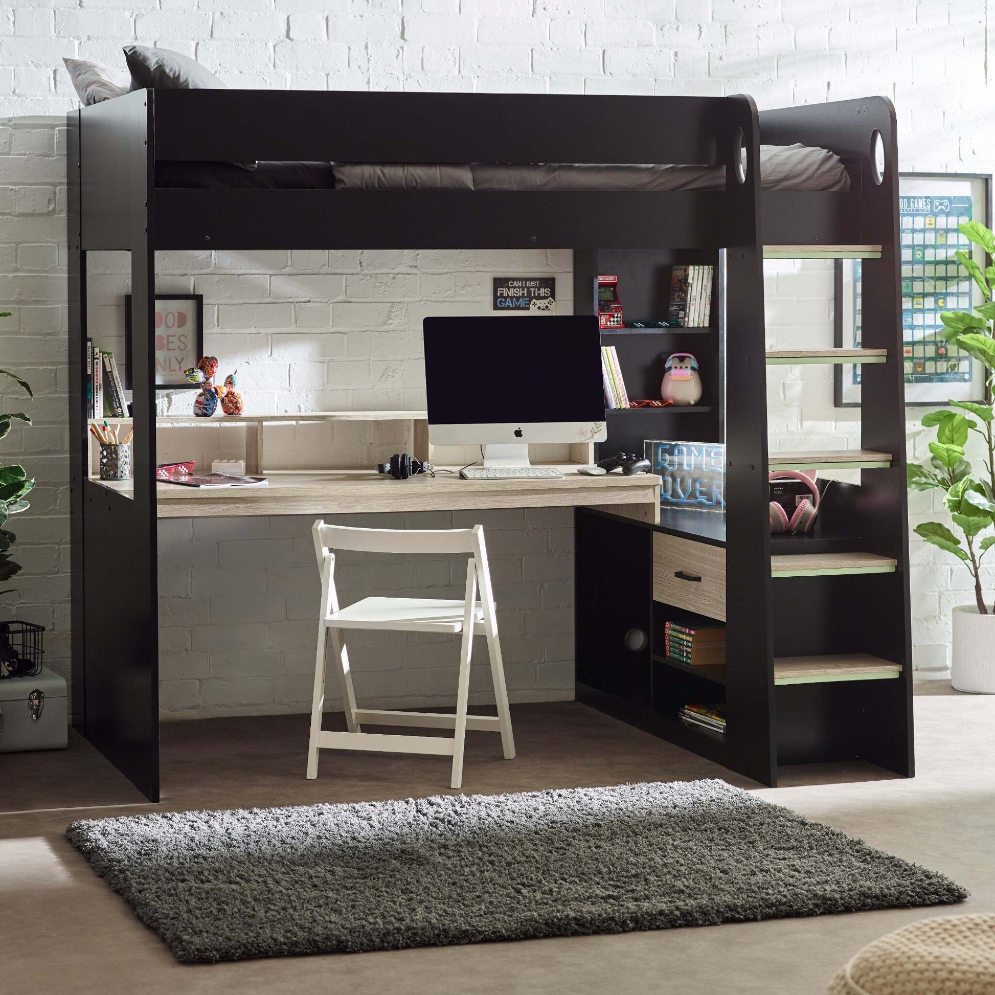 Blaze High Sleeper Gaming Bed in black and pale wood shown in a bedroom setting