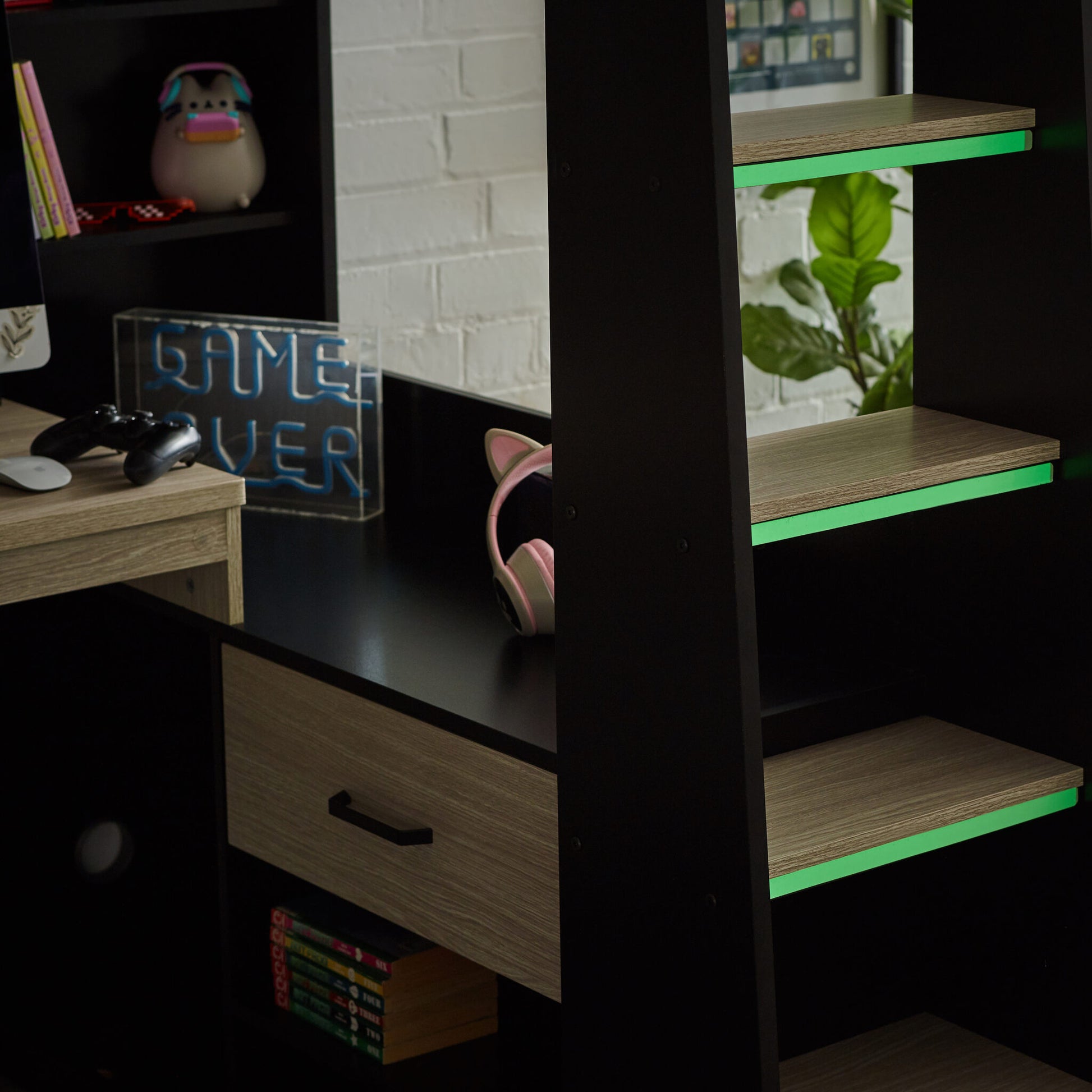 Glow-in-the-dark ladder steps and storage detail on Blaze High Sleeper Bed