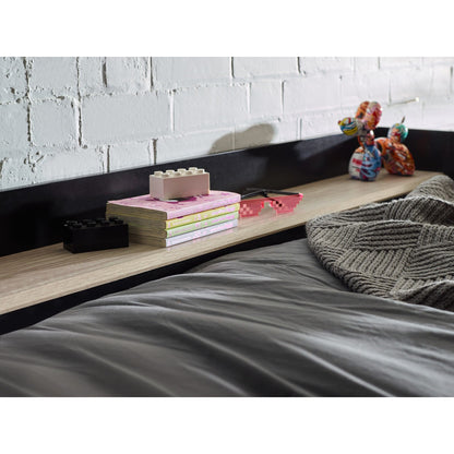 Upper bunk shelf detail of Blaze High Sleeper Gaming Bed in black and pale wood