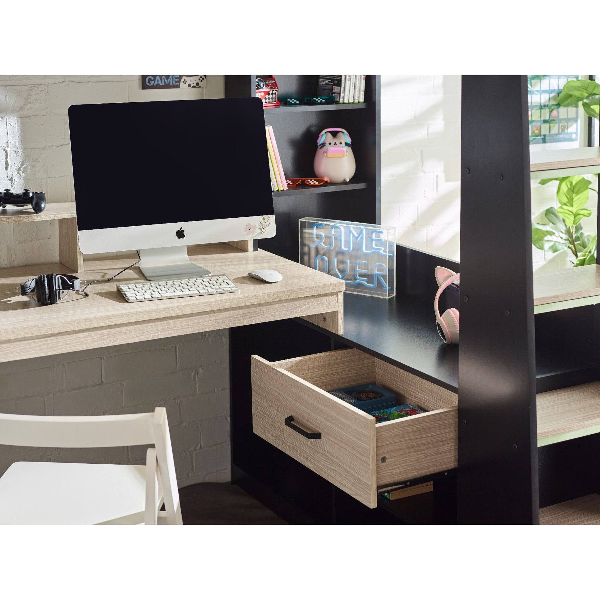Desk and drawer detail of Blaze High Sleeper Gaming Bed in black and pale wood
