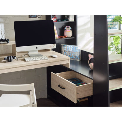 Desk and drawer detail of Blaze High Sleeper Gaming Bed in black and pale wood