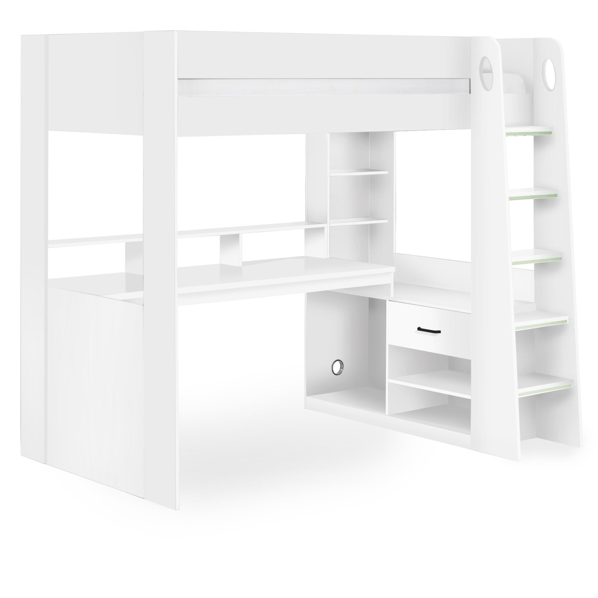 Front angled view of Blaze High Sleeper Gaming Bed in white
