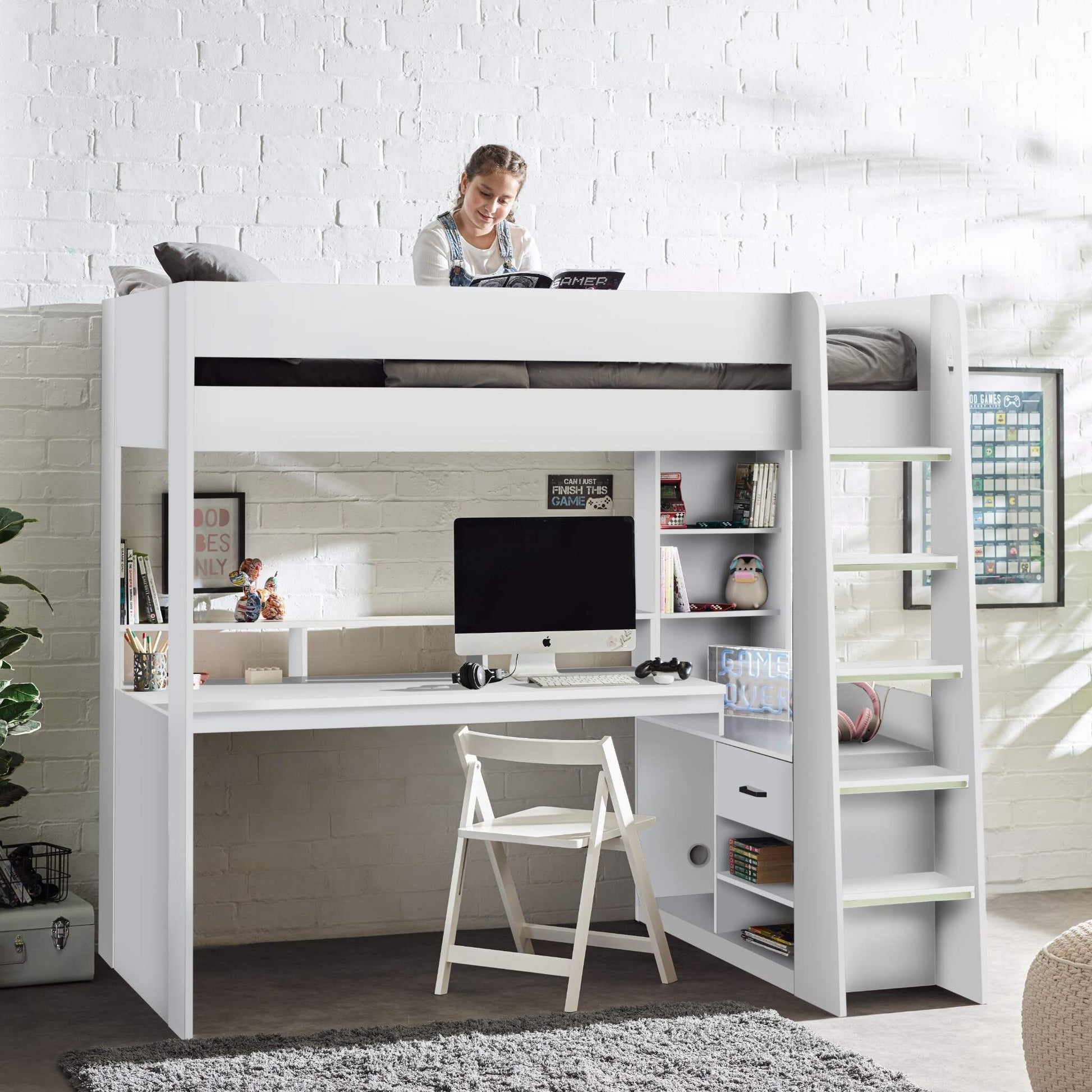 Blaze High Sleeper Gaming Bed in white shown in a child's bedroom setting