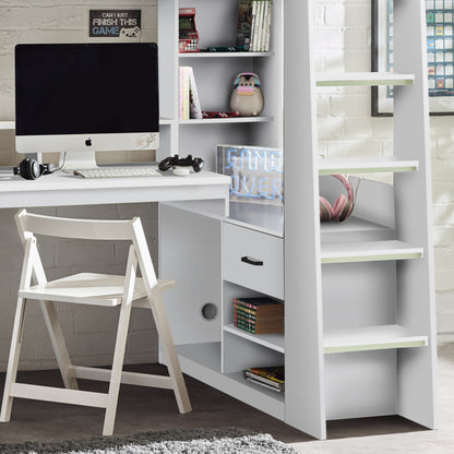 Desk, ladder and storage features of Blaze High Sleeper Gaming Bed in white
