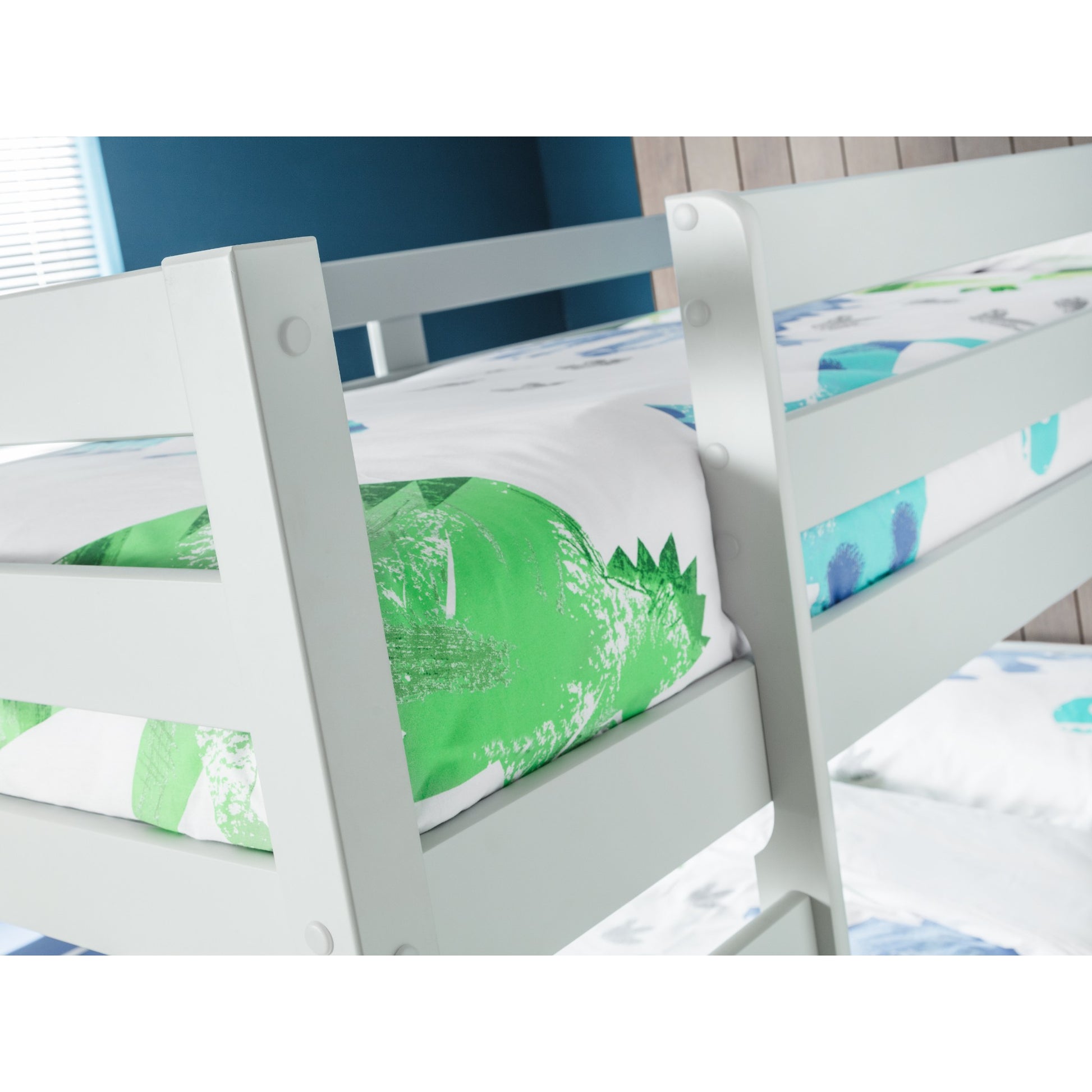 Upper bunk safety rail and ladder detail of Camden Bunk Bed in dove grey