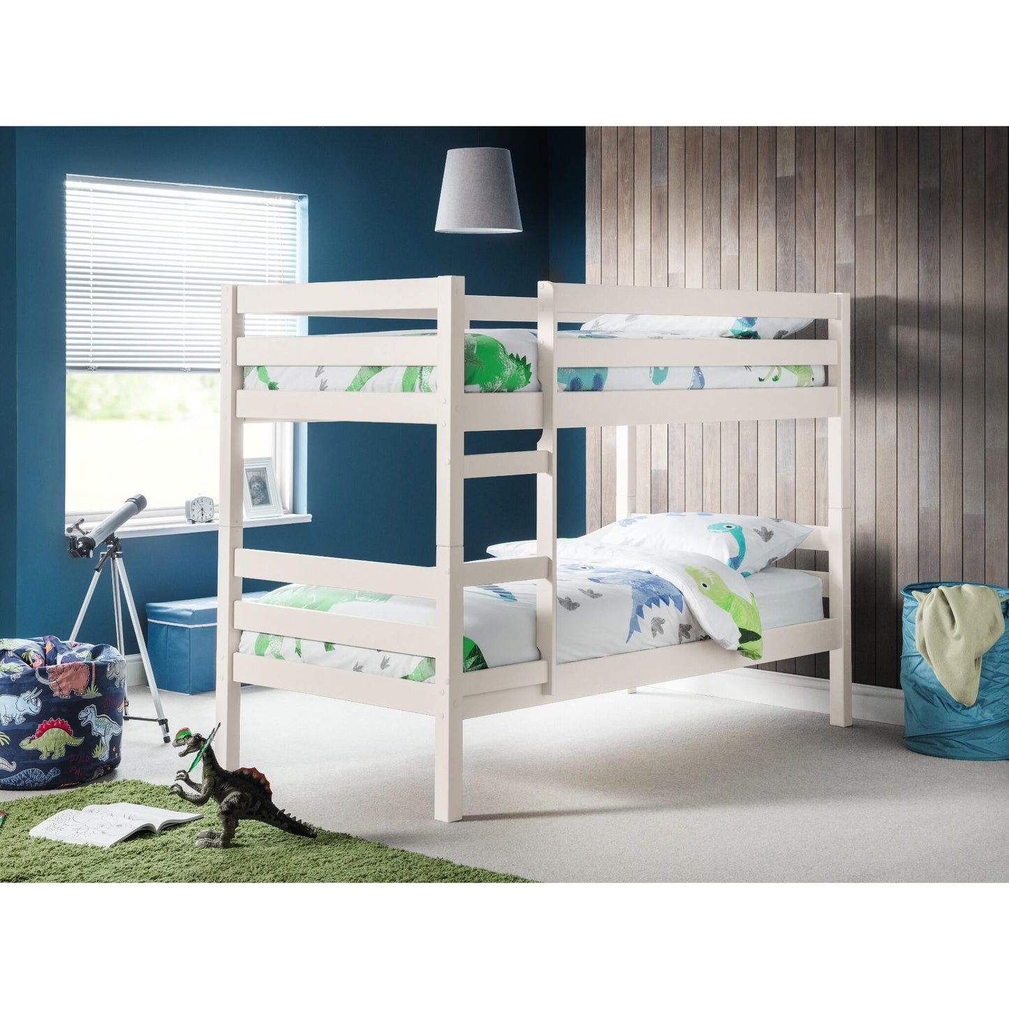Camden Bunk Bed in surf white styled in a wider bedroom setting