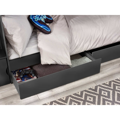 Dark grey bunk bed, close-up of open storage drawers revealing items.