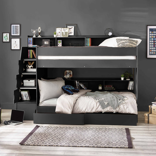 Camelot Staircase Bunk Bed in anthracite with built-in storage in a bedroom setting
