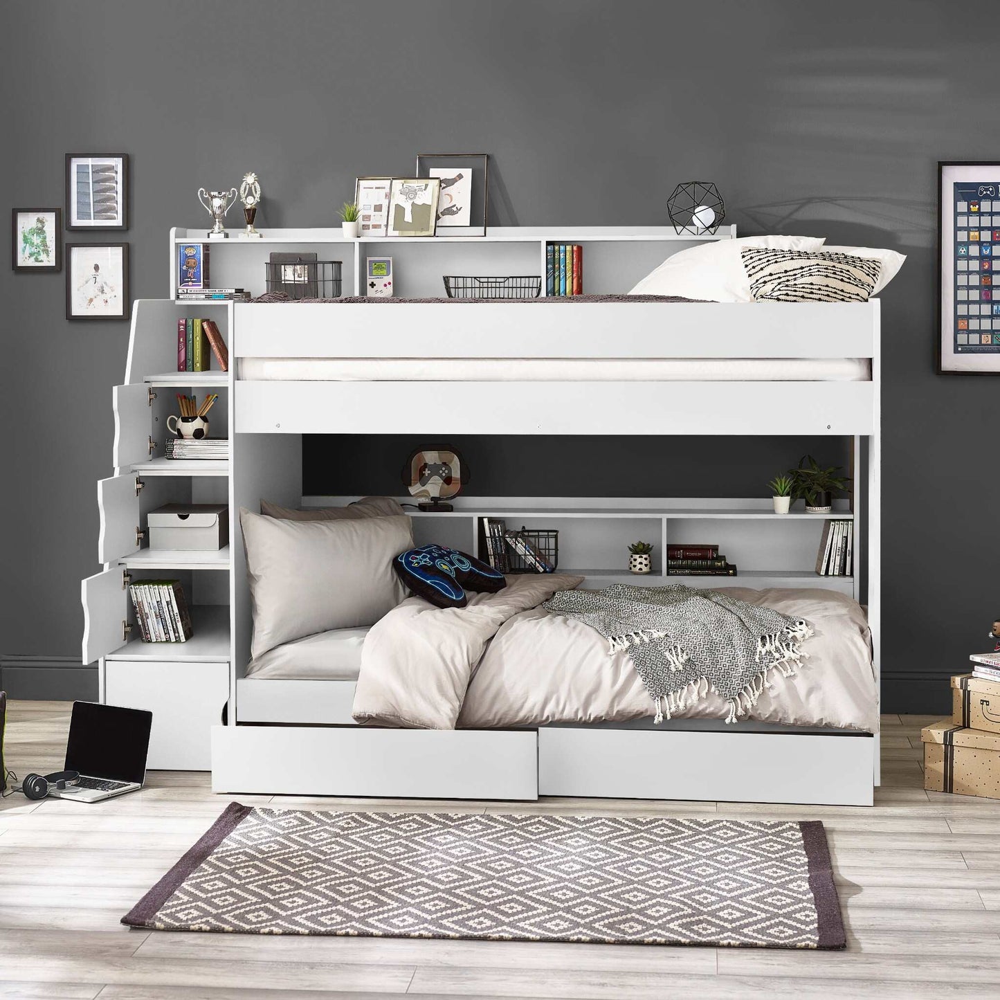 Camelot Staircase Bunk Bed in white with built-in storage in a bedroom setting
