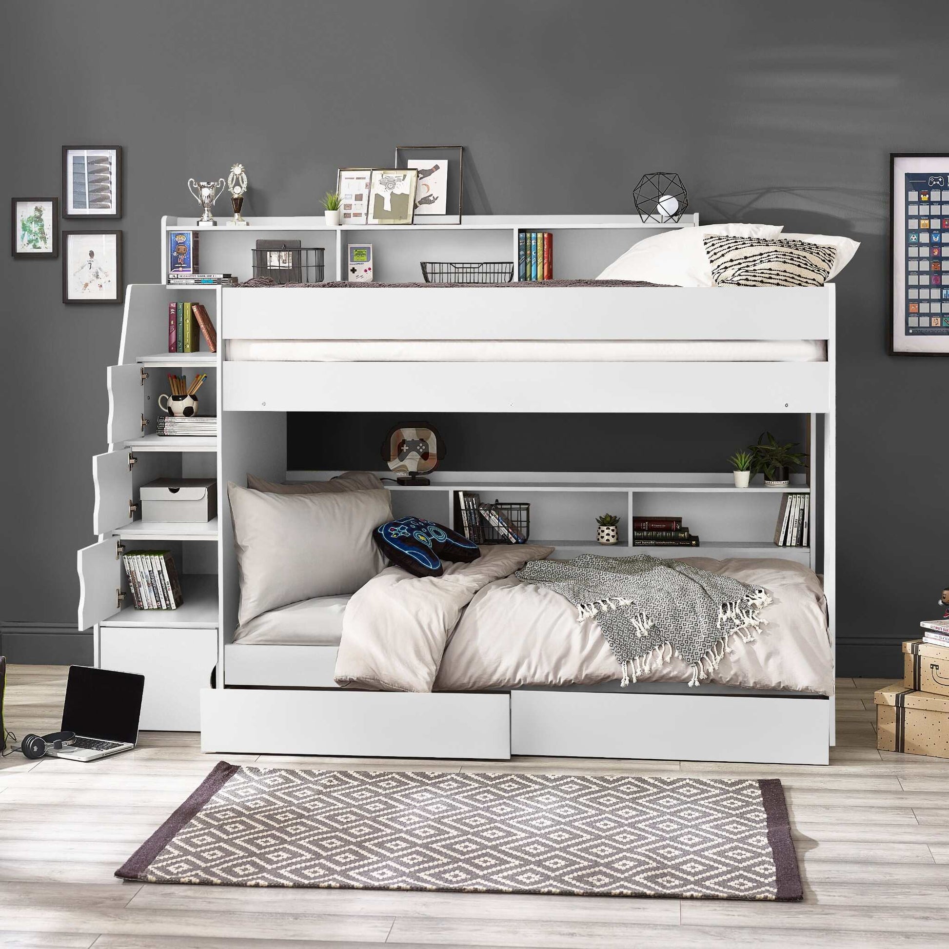 Camelot Staircase Bunk Bed in white with built-in storage in a bedroom setting