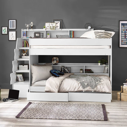 Camelot Staircase Bunk Bed in white with built-in storage in a bedroom setting