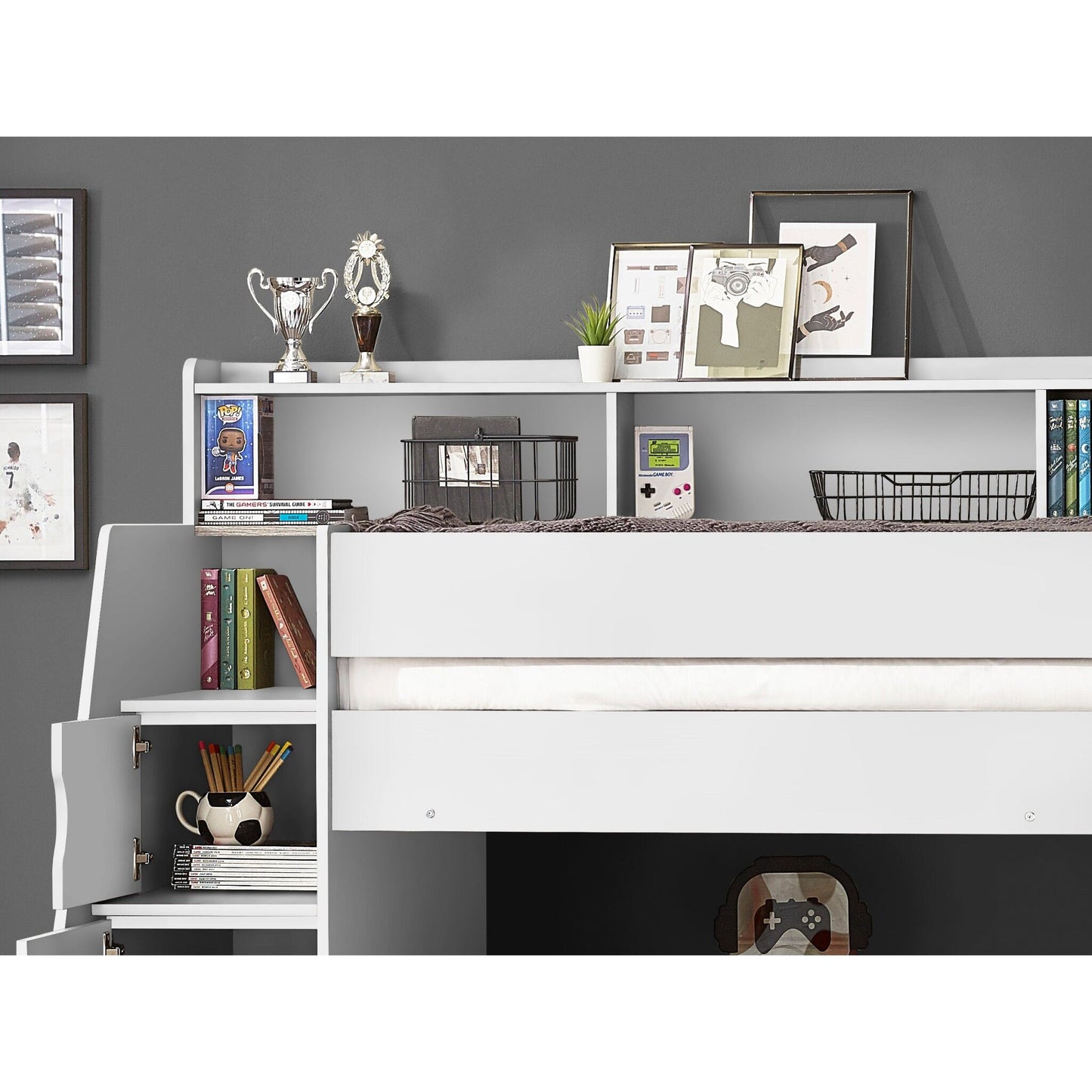 Upper bunk shelving and staircase detail of Camelot Staircase Bunk Bed in white