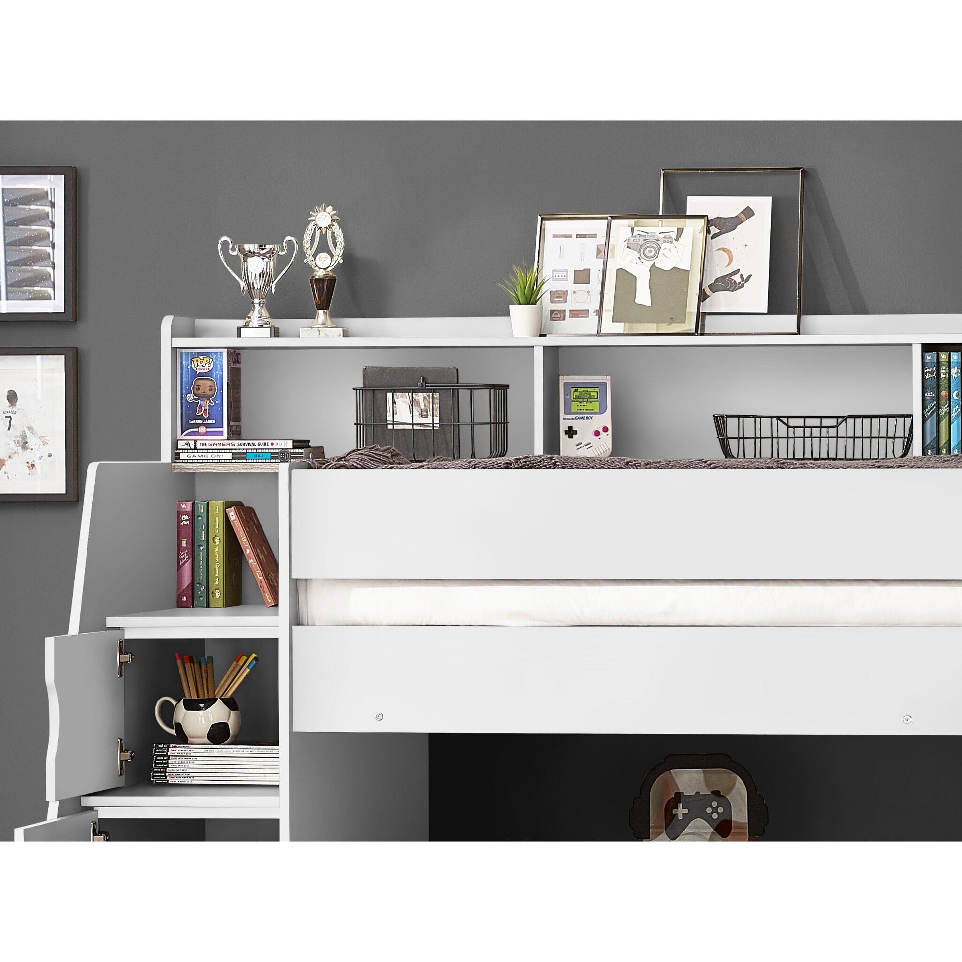 Upper bunk shelving and staircase detail of Camelot Staircase Bunk Bed in white