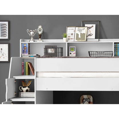 Upper bunk shelving and staircase detail of Camelot Staircase Bunk Bed in white