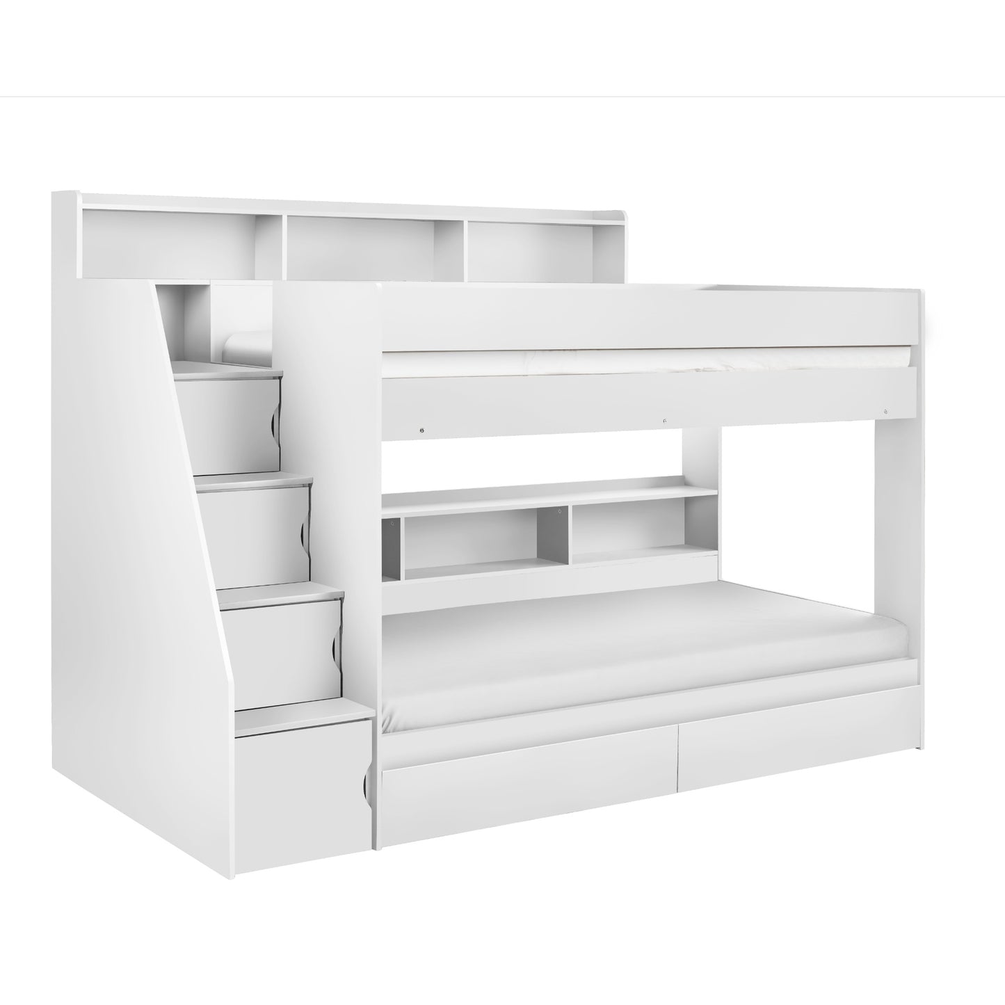White bunk bed with built-in staircase on a white background