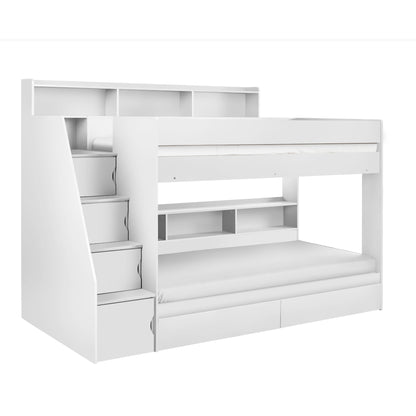 White bunk bed with built-in staircase on a white background