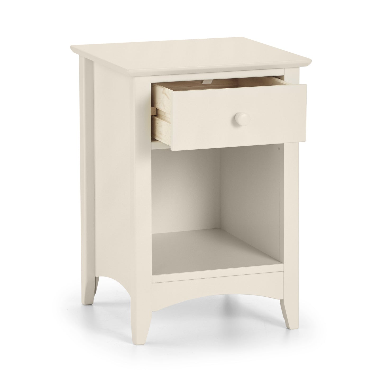 Cameo 1 Drawer Bedside Cabinet in Stone White, with the drawer open.