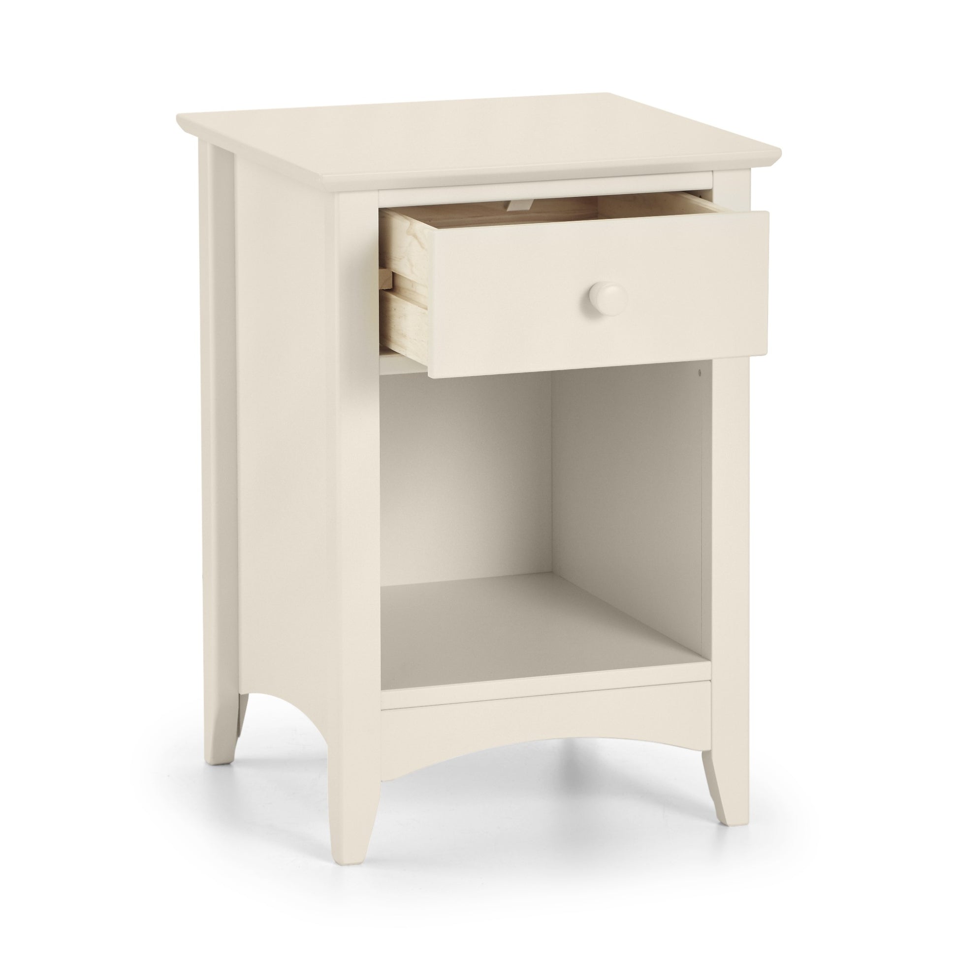 Cameo 1 Drawer Bedside Cabinet in Stone White, with the drawer open.