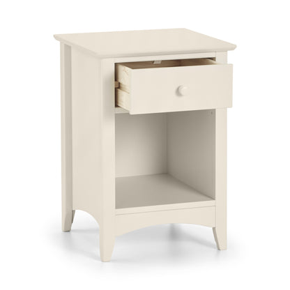 Cameo 1 Drawer Bedside Cabinet in Stone White, with the drawer open.
