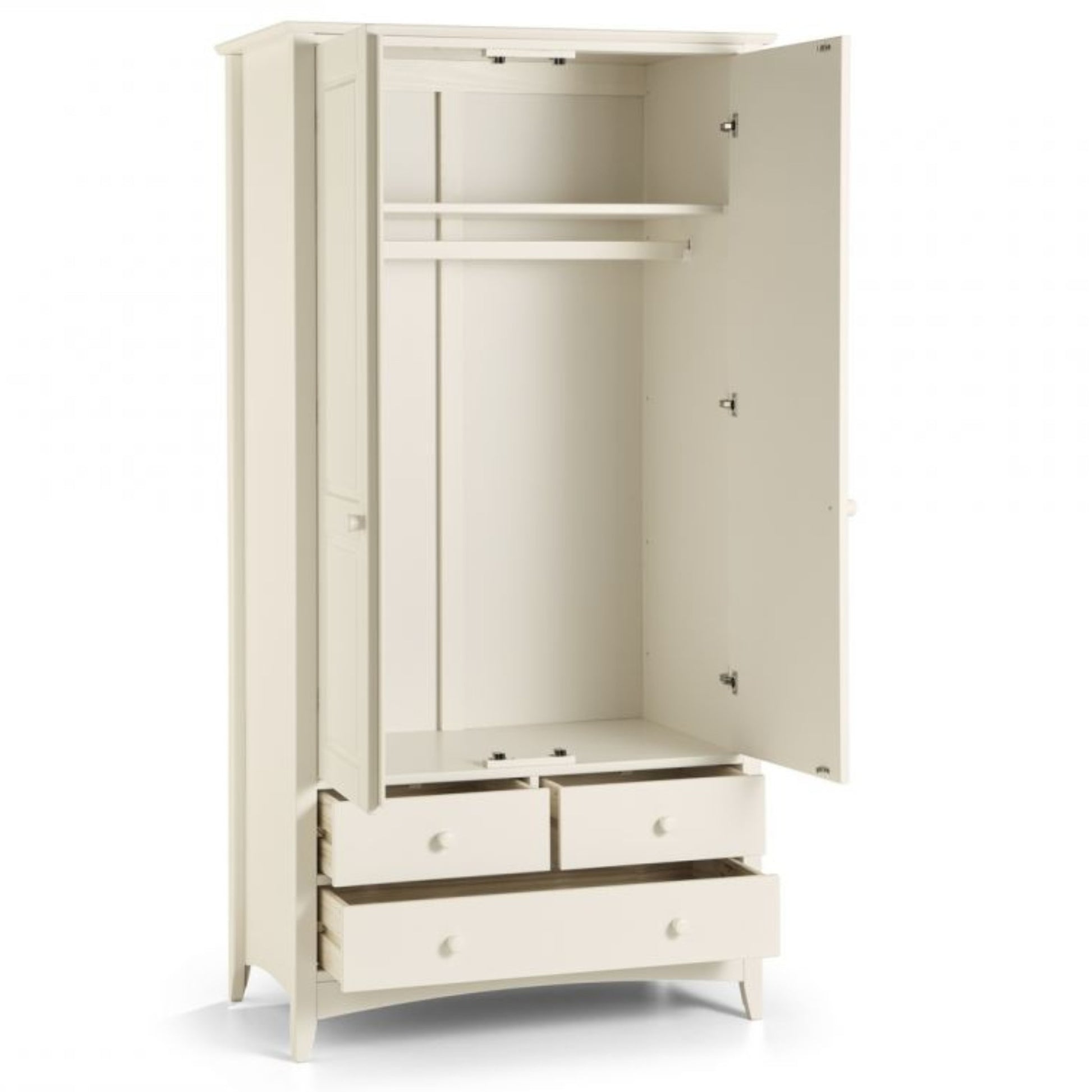 Cameo 2 Door Combination Wardrobe in Stone White, with the doors and drawers open.
