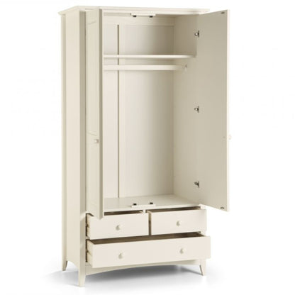 Cameo 2 Door Combination Wardrobe in Stone White, with the doors and drawers open.