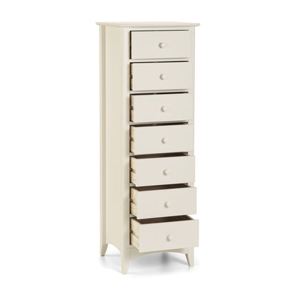 Cameo 7 Drawer Narrow Chest in Stone White, with the drawers open. 