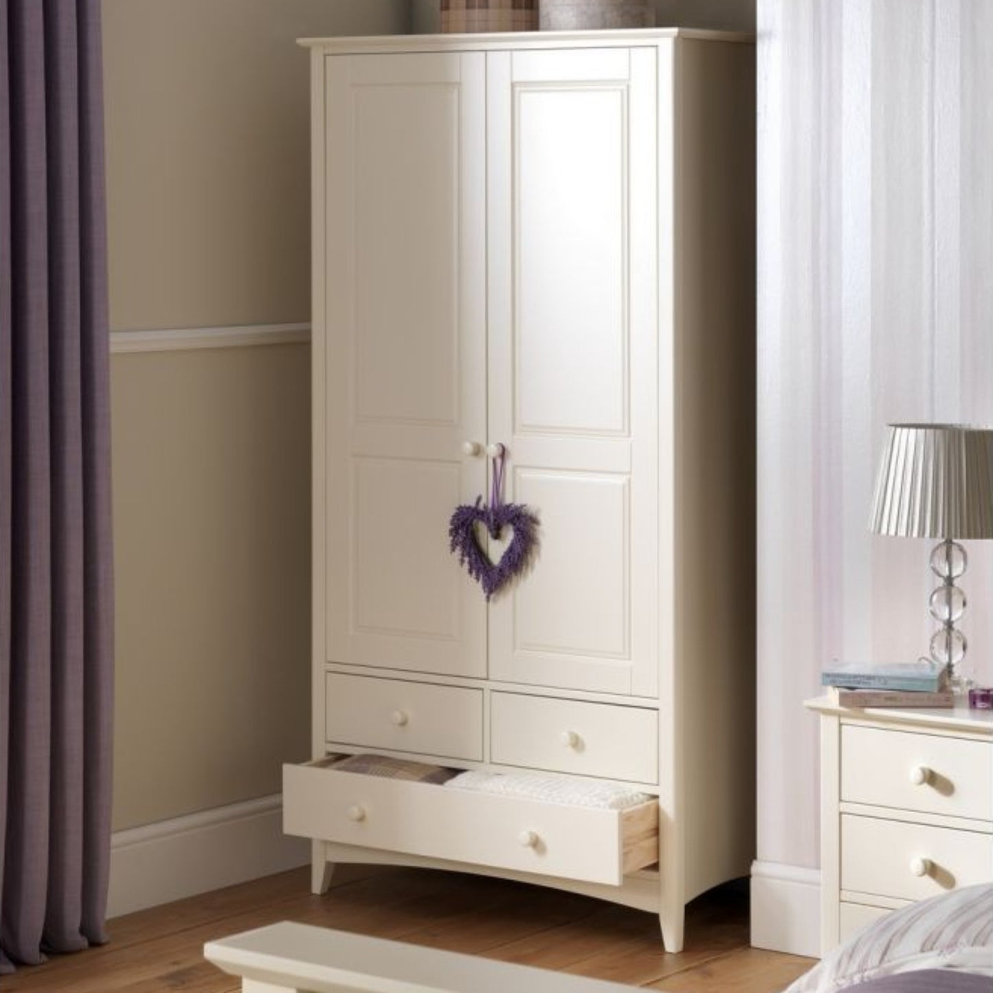 Cameo 2 Door Combination Wardrobe in Stone White, shown in a bedroom setting.