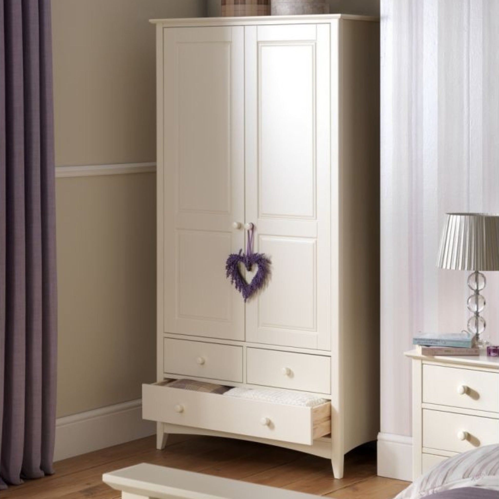 Cameo 2 Door Combination Wardrobe in Stone White, shown in a bedroom setting.
