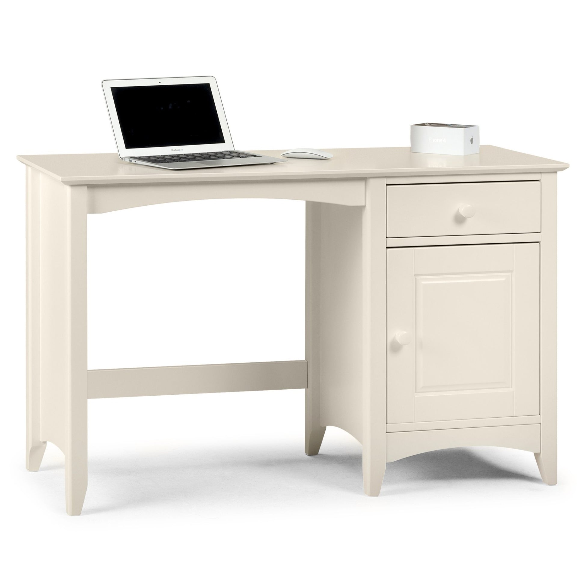Cameo Desk in Stone White displaying a laptop and mouse.