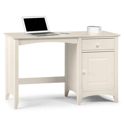 Cameo Desk in Stone White displaying a laptop and mouse.