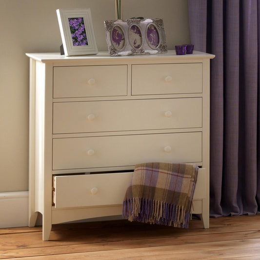 Cameo 3 + 2 Drawer Chest in Stone White shown in a bedroom setting.