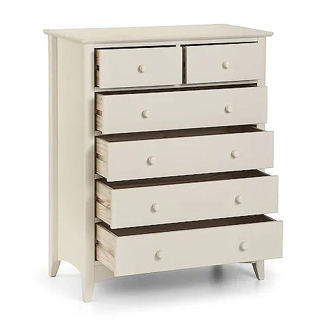 Cameo 4+2 Drawer Chest in Stone White, with the drawers open.