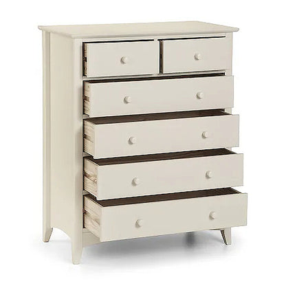 Cameo 4+2 Drawer Chest in Stone White, with the drawers open.