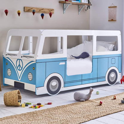 Children's Campervan style bed shown in a bedroom setting. 